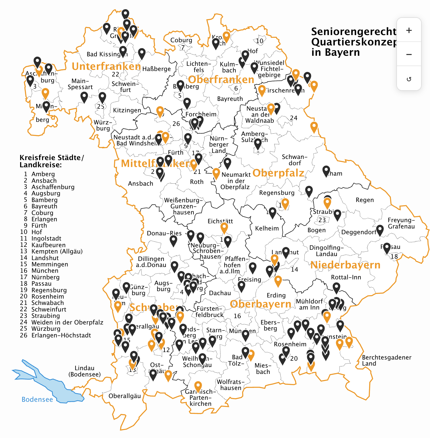 Bayern-Karte mit Markern Musterbeispielen